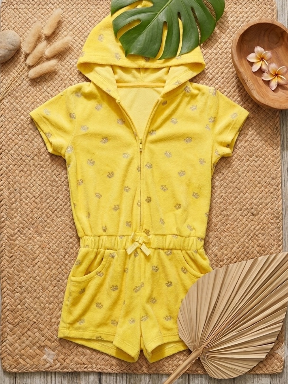 JUICY COUTURE  Girls Terrycloth Glitter Crown Hooded Romper Yellow